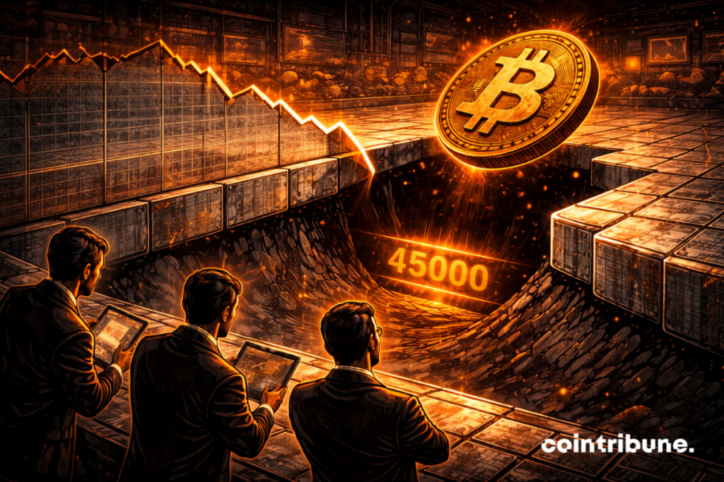 Au milieu d’un immense graphique en relief, une zone vide béante apparaît. Le symbole du Bitcoin glisse légèrement vers cette cavité. Au fond du vide, est gravé dans une plaque métallique : 45 000. Des traders observent la zone creuse.