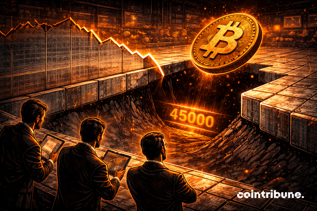 Au milieu d’un immense graphique en relief, une zone vide béante apparaît. Le symbole du Bitcoin glisse légèrement vers cette cavité. Au fond du vide, est gravé dans une plaque métallique : 45 000. Des traders observent la zone creuse.