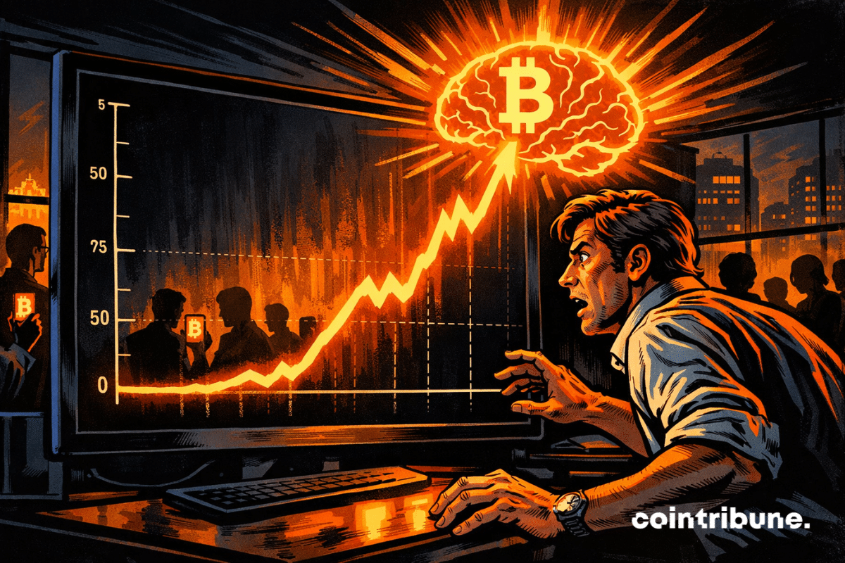 Illustration depicting a stunned trader in front of a screen displaying a sharp rise in the price of bitcoin, with a glowing brain in the shape of the Bitcoin symbol suggesting the explosion of interest among internet users.