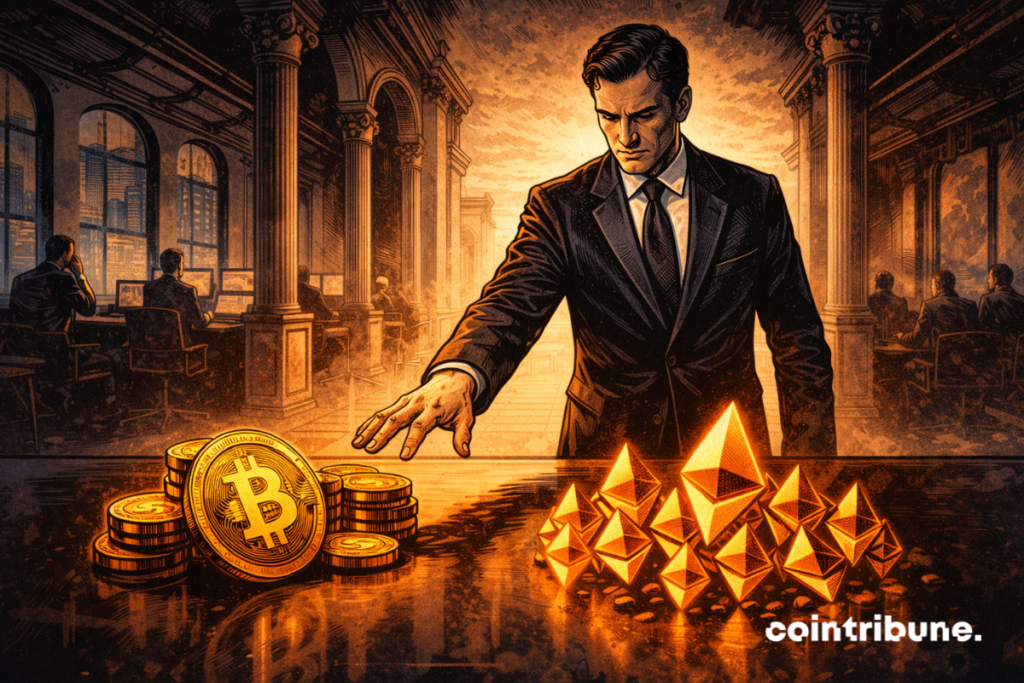 Plusieurs pièces cryoto dont le Bitcoin et Ethereum sont empilés sur une table longue. Un responsable financier de Harvard place sa main au-dessus des actifs.