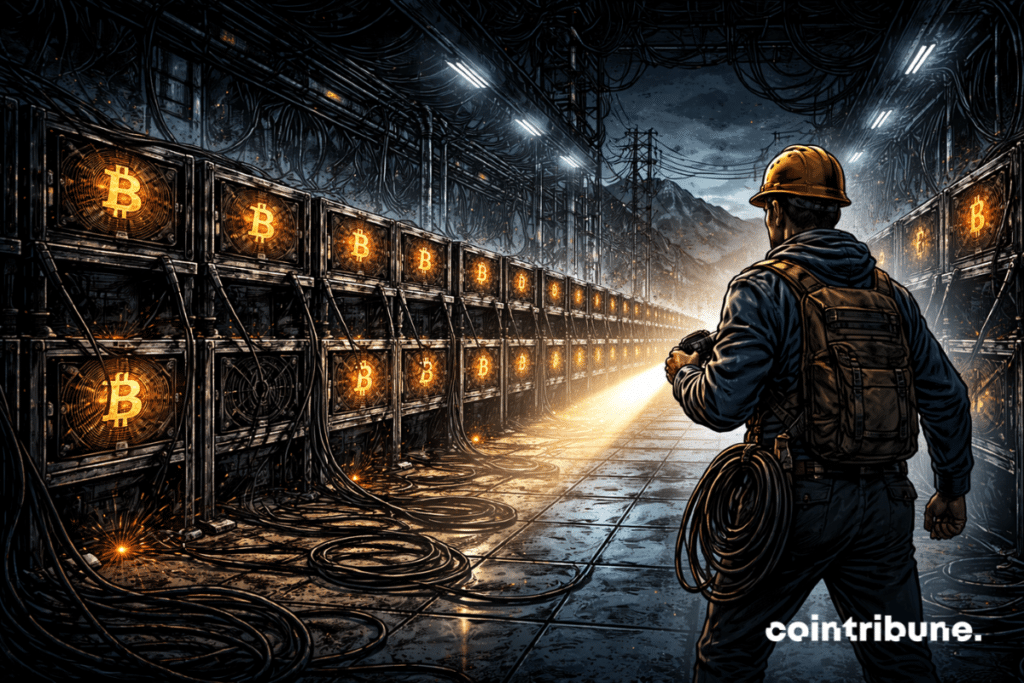 A mining farm lies abandoned in the dark, with Bitcoin machines unplugged, symbolizing the collapse of the hashrate.