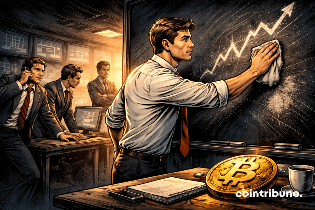 Un investisseur du Bitcoin est debout devant un grand tableau mural. Il efface partiellement des graphiques abstraits tracés à la craie.