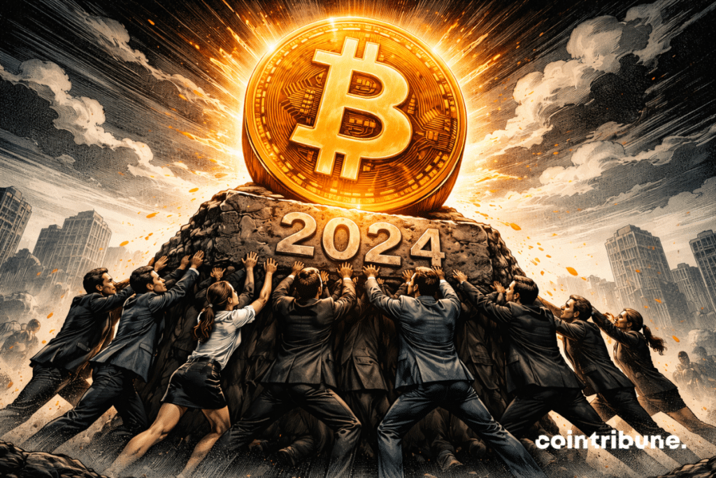Des investisseurs soutiennent un immense symbole Bitcoin posé sur un socle gravé 2024.