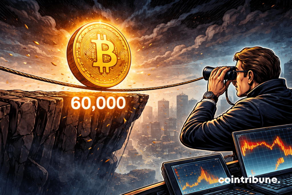 Une pièce Bitcoin géante marche en équilibre sur le fil tendu dans le vide comme une corde de funambule, exactement au-dessus d’un repère lumineux « 60 000 » inscrit au sol.