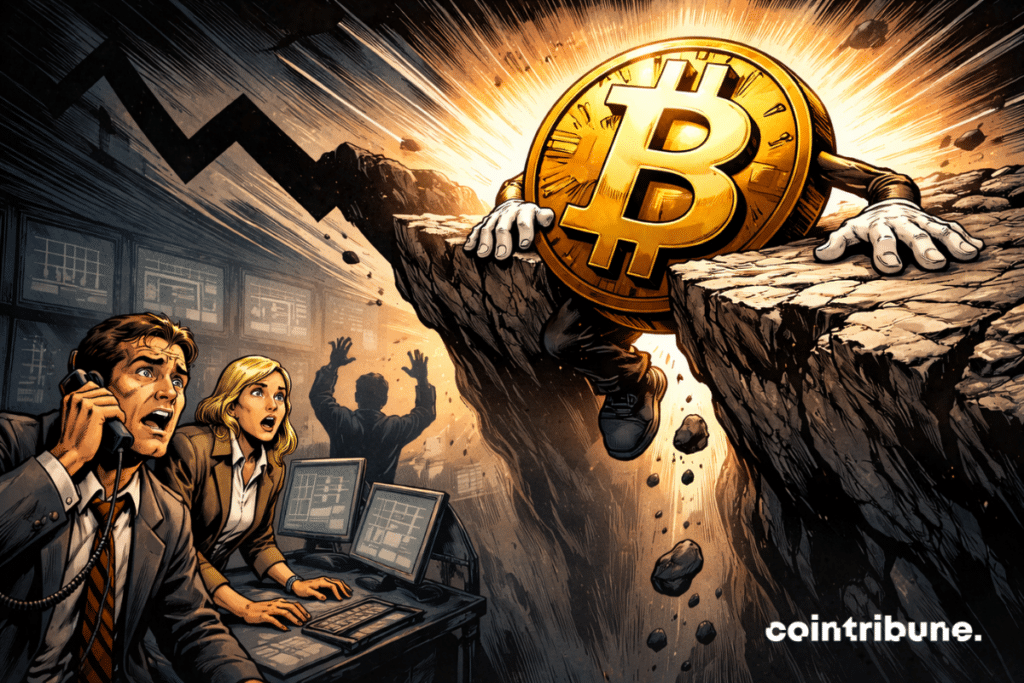 Le Bitcoin anthropomorphisé se trouve au bord d’un précipice.