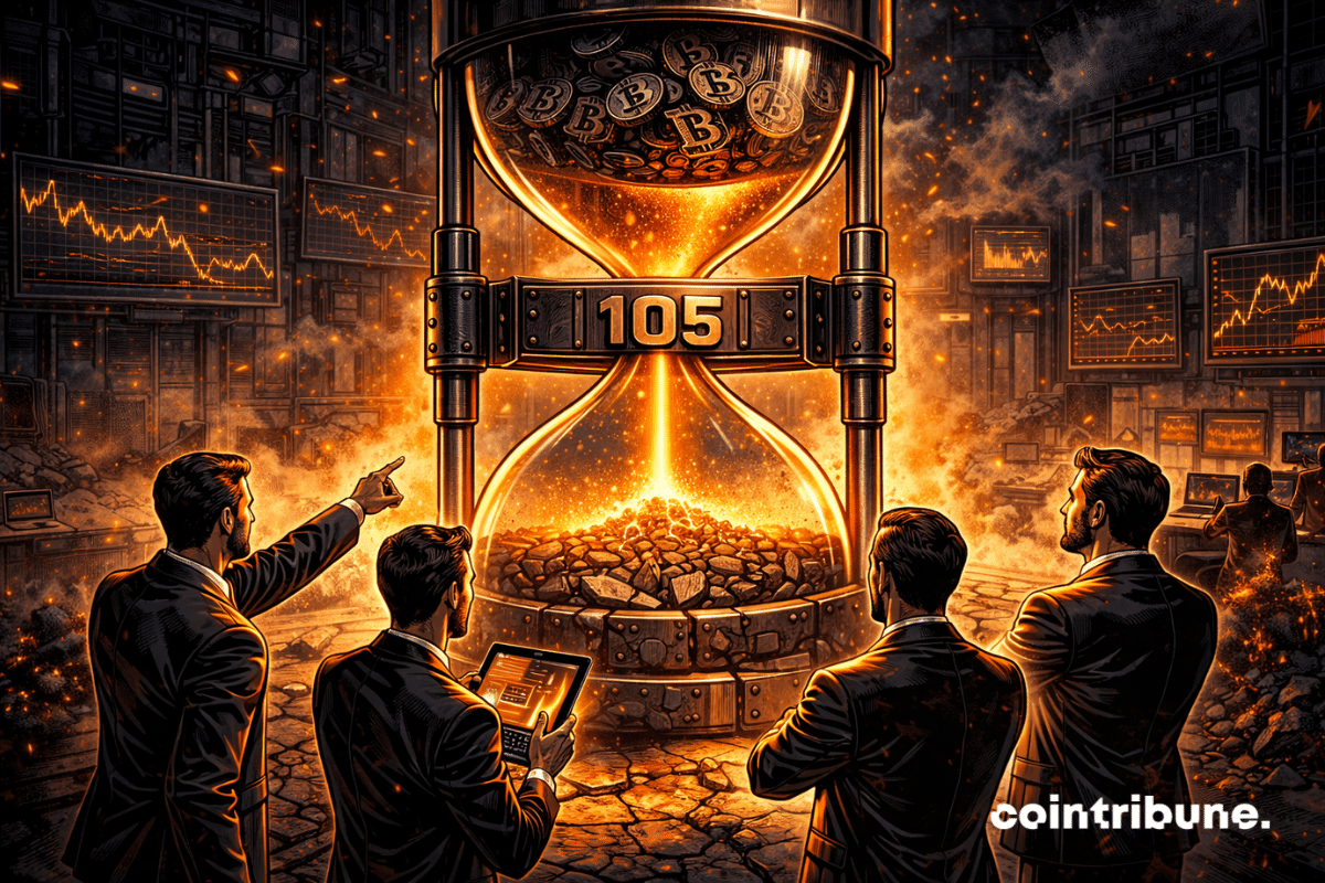The hourglass is massive, made of reinforced metal with riveted plates. Deeply engraved into the central metal frame of the hourglass is the number 105, integrated into the material. Dark and compressed Bitcoin symbols accumulate inside, representing the pressure of the bear market.