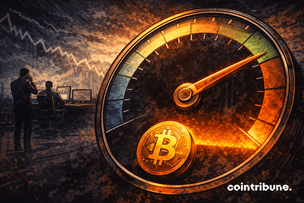 Sur un cadran de mesure du RSI hebdomadaire du Bitcoin, l’aiguille plongeant dans la zone basse.