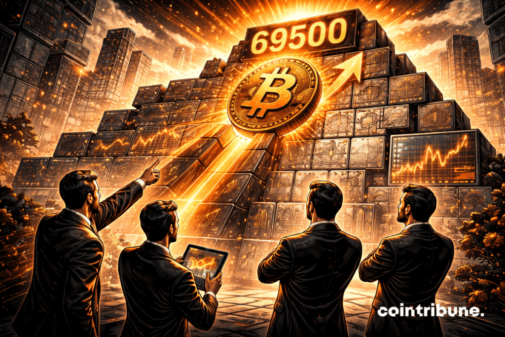Un immense mur industriel est composé de blocs métalliques massifs empilés, représentant les entreprises et leurs résultats solides. Le symbole Bitcoin grimpe le long du mur en diagonale ascendante. Il est traité comme une structure métallique robuste, légèrement incliné vers l’avant, suggérant une ascension continue et maîtrisée. Au sommet du mur, intégré dans une plaque métallique encastrée dans la structure, le chiffre 69500 est gravé profondément dans la matière.