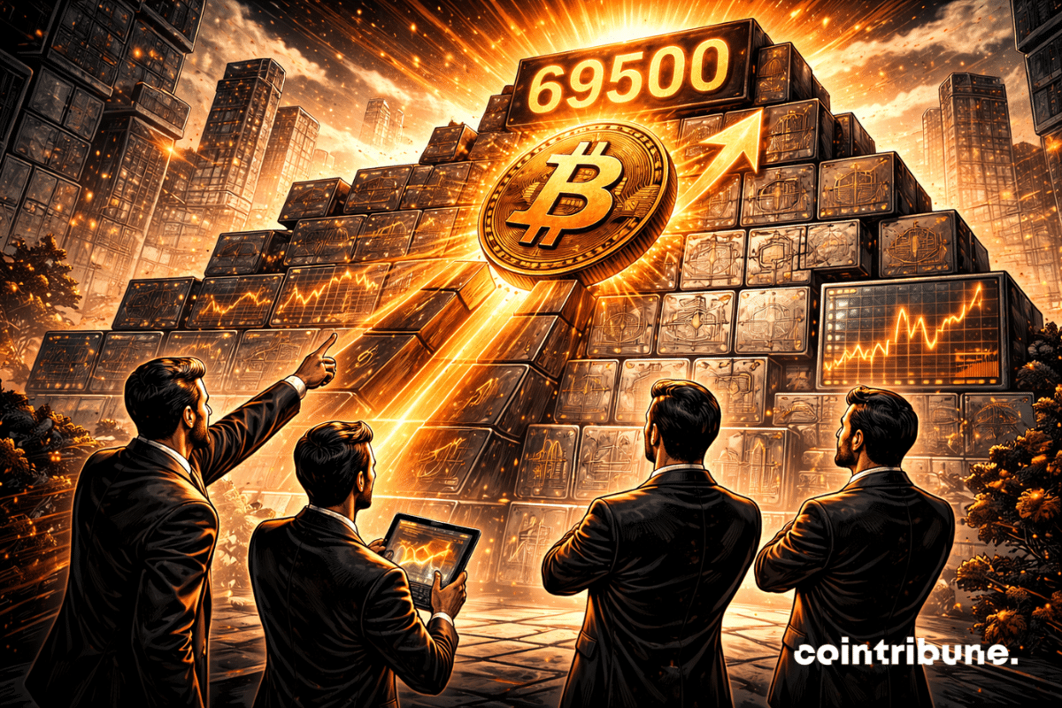 Un immense mur industriel est composé de blocs métalliques massifs empilés, représentant les entreprises et leurs résultats solides. Le symbole Bitcoin grimpe le long du mur en diagonale ascendante. Il est traité comme une structure métallique robuste, légèrement incliné vers l’avant, suggérant une ascension continue et maîtrisée. Au sommet du mur, intégré dans une plaque métallique encastrée dans la structure, le chiffre 69500 est gravé profondément dans la matière.