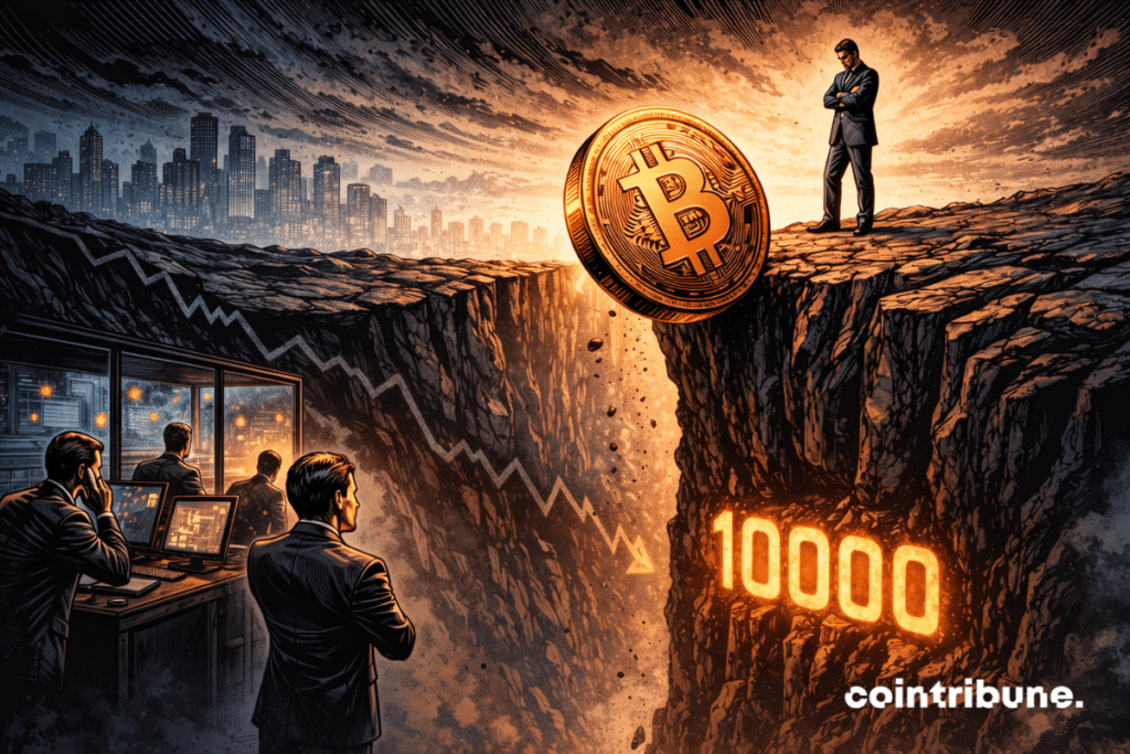 Le Bitcoin se trouve au bord d’un gouffre. Au fond, l’on observe le chiffre « 10000 » lumineux.