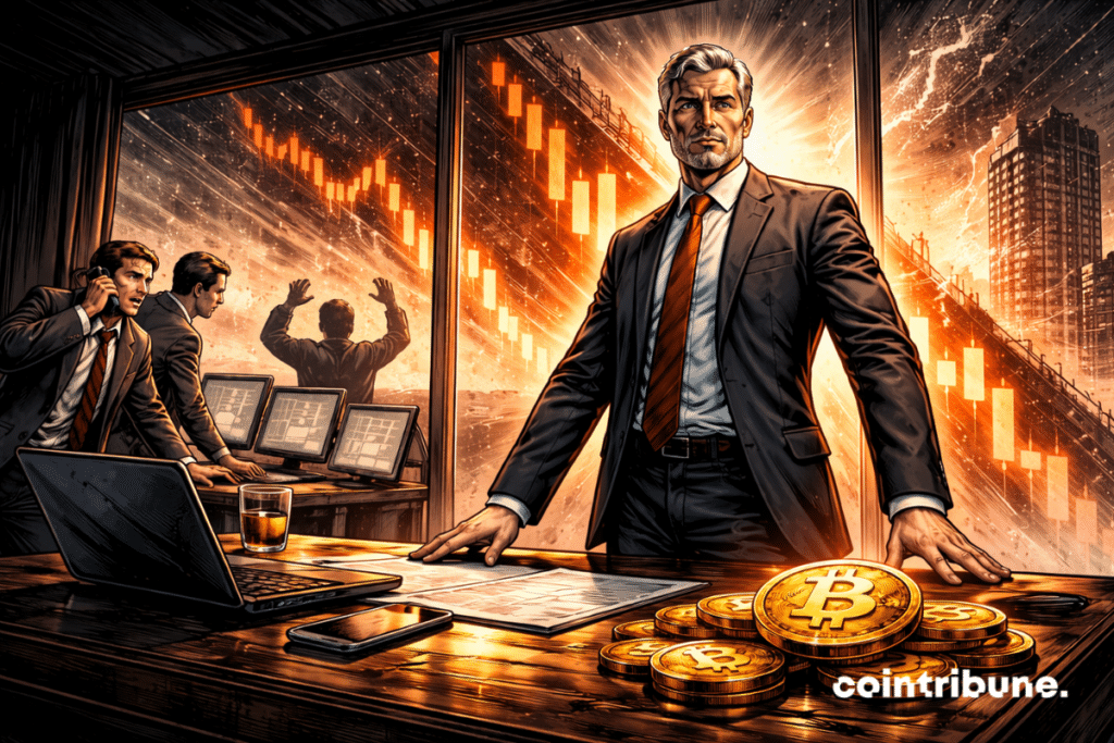 Michael Saylor, le dirigeant de Strategy, est debout derrière un grand bureau en bois sombre, rempli de pièces de Bitcoin.