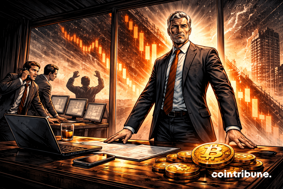 Michael Saylor, le dirigeant de Strategy, est debout derrière un grand bureau en bois sombre, rempli de pièces de Bitcoin.