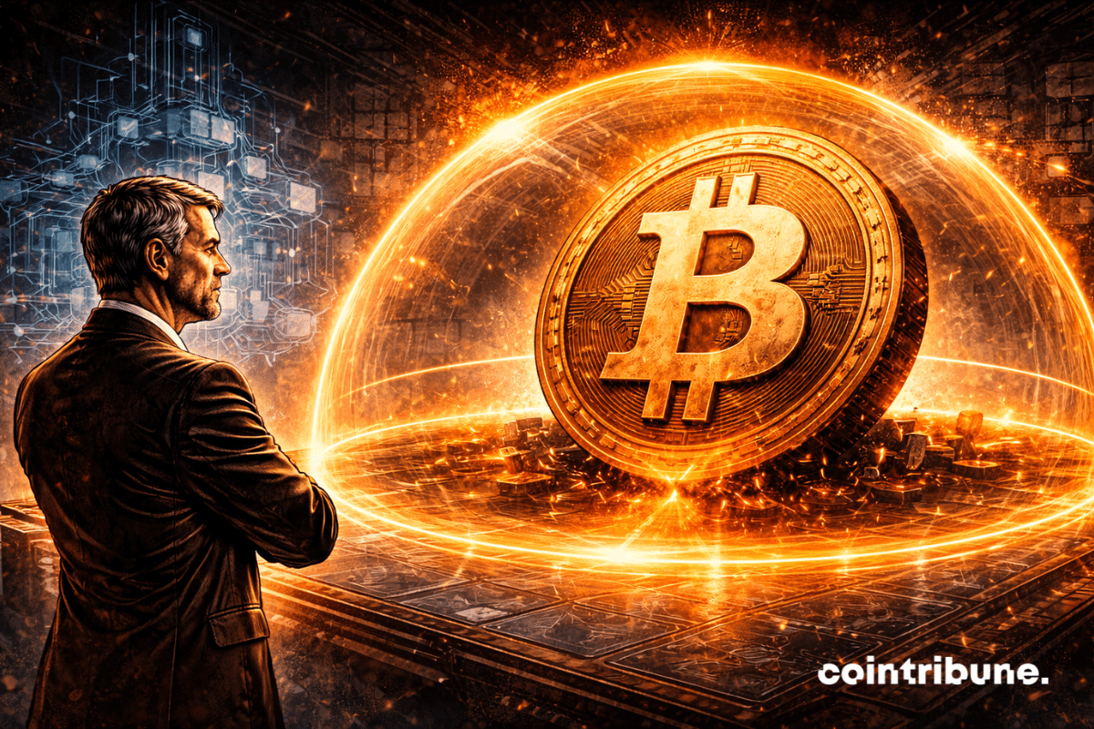 Autour d’un immense symbole Bitcoin métallique, massif et stable s’étend un dôme énergétique. Michael Saylor se tient au premier plan.