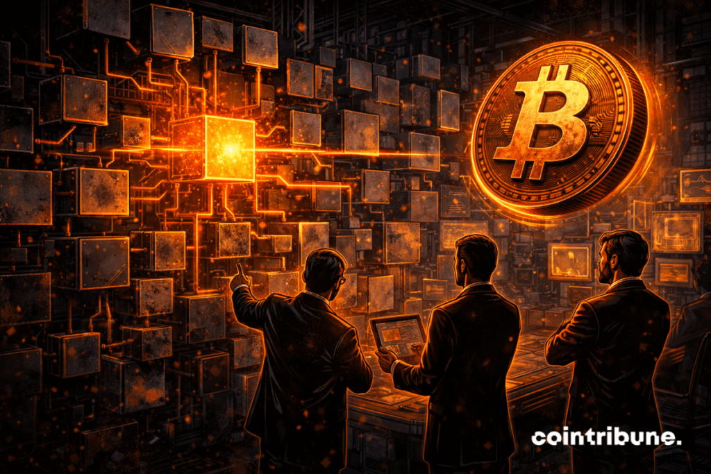 Sur un immense mur, les blocs sont représentés comme des cubes métalliques empilés, reliés par des lignes gravées évoquant un réseau blockchain. Parmi des dizaines de blocs sombres et neutres, un seul bloc est intensément illuminé en orange vif. Des lignes lumineuses partent de ce bloc et se propagent à travers les connexions vers les autres blocs, suggérant un signal on-chain majeur. À droite, un symbole Bitcoin massif, métallique et suspendu, commence à pivoter légèrement, comme influencé par cette impulsion.