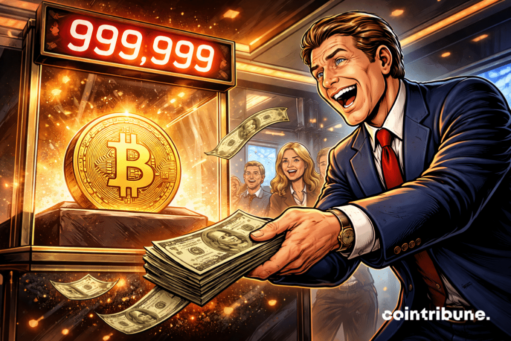 Un homme d’affaires (représentant de Strategy) tend une liasse de billets ou une carte noire vers une boîte contenant un seul Bitcoin.