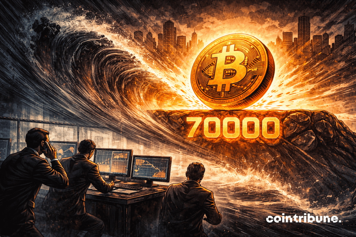 Le Bitcoin est frappé latéralement par une onde de volatilité venant de la gauche.