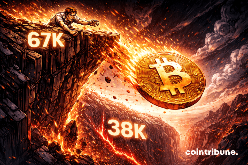 Le logo du bitcoin tombe du rebord d’une falaise numérique marqué « 67K », en direction d’un gouffre avec le chiffre « 38K » en bas.