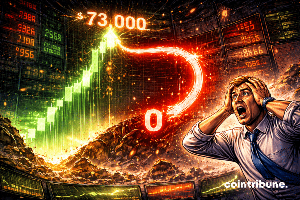 A candlestick chart rises to 73,000 before looping back down to zero under the watchful eye of a Bitcoin trader.