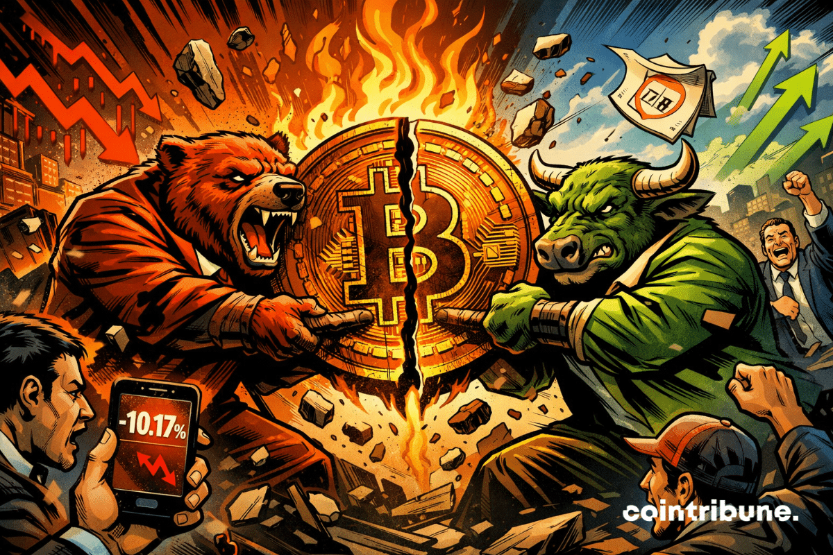 Bear and bull fight over flaming Bitcoin as market drops -10.17% with chaos around.
