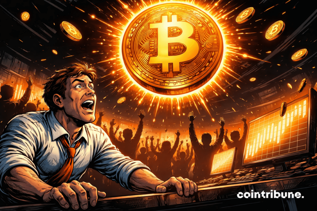 Um operador frenético olha com os olhos arregalados para um enorme Bitcoin brilhante no céu, enquanto uma multidão levanta os braços sob gráficos alaranjados em ascensão.