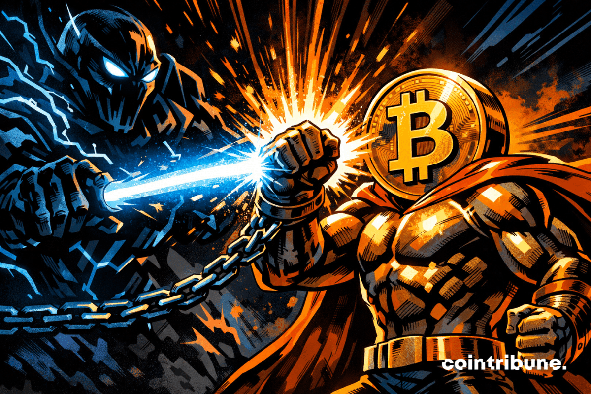 CoinShares is evoked through a comic-style scene where Bitcoin blocks a glowing quantum laser in a tense orange-and-black showdown.