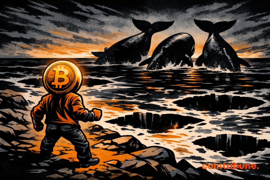 Une silhouette humanisée de Bitcoin se tient sur un rivage rocheux, observant les silhouettes massives de baleines se retirer dans un océan sombre aux eaux fragmentées et aux reflets orangés.