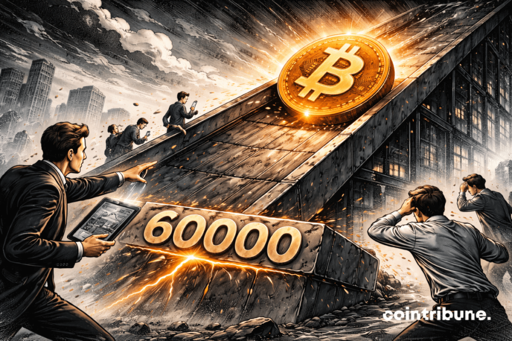 On a downward-sloping chart-like architectural structure, Bitcoin slowly slides toward a level marked 60,000.