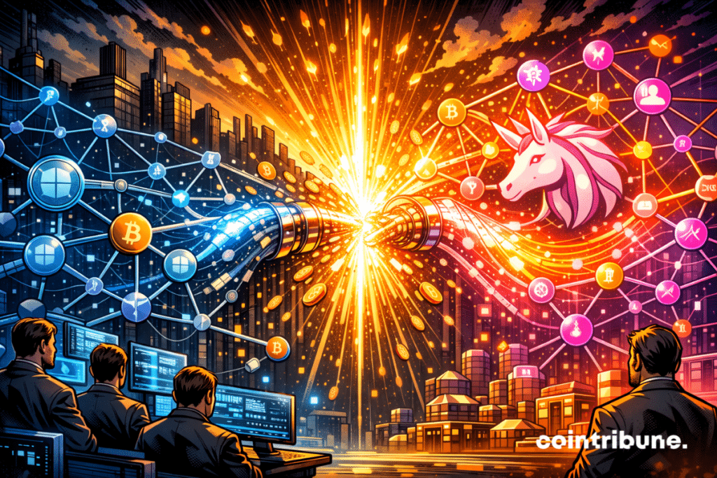 Une onde de fusion se propage, reliant deux nœuds majeurs : BlackRock et Uniswap.