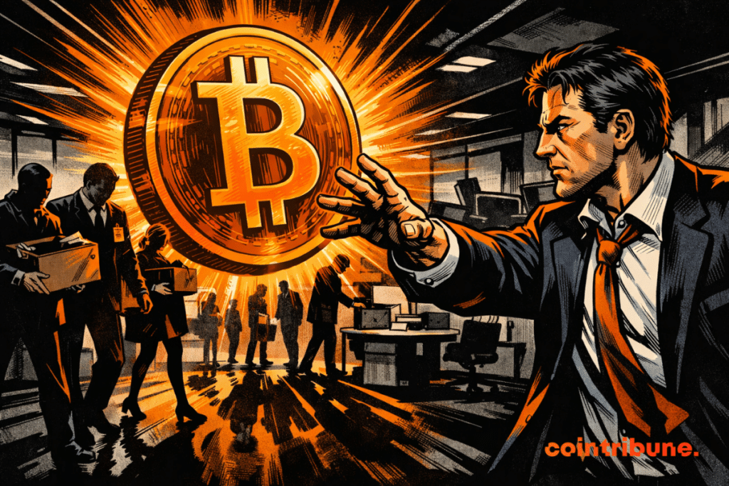 A stern executive reaches toward a glowing orange Bitcoin floating in a dark open-space office while shadowed employees carrying boxes fade into the background.