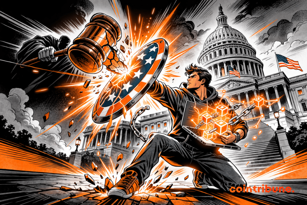 Blockchain developer kneels before the U.S. Capitol, blocking a massive gavel with a glowing star-spangled shield as orange sparks burst outward.