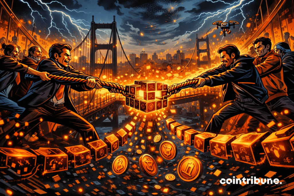Teams tug rope on stormy bridge as tokenized blocks ignite, forming a glowing on-chain chain at dusk