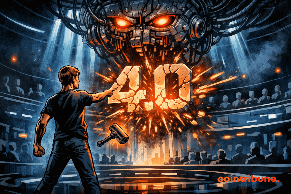 Vitalik Buterin points toward a cracked glowing “4.0” in a futuristic courtroom as a giant mechanical brain looms above, illuminated by Ethereum-orange light.