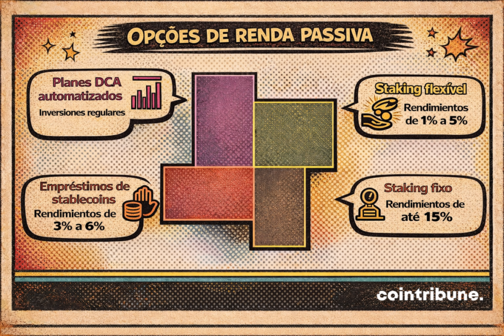 Opcoes de renda passiva na Bybit com planos DCA automatizados, emprestimos de stablecoins (3% a 6%), staking flexivel (1% a 5%) e staking com prazo fixo ate 15%