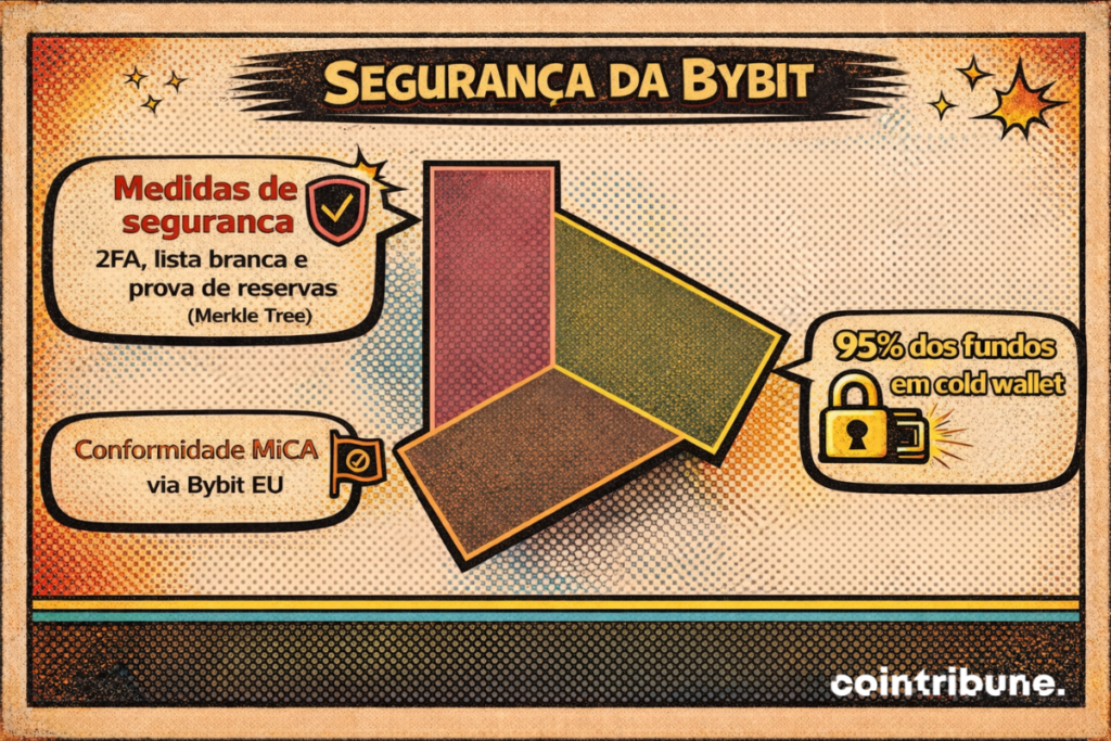 Medidas de seguranca da Bybit com 2FA, lista branca, prova de reservas (Merkle Tree), conformidade MiCA via Bybit EU e 95% dos fundos armazenados em cold wallet