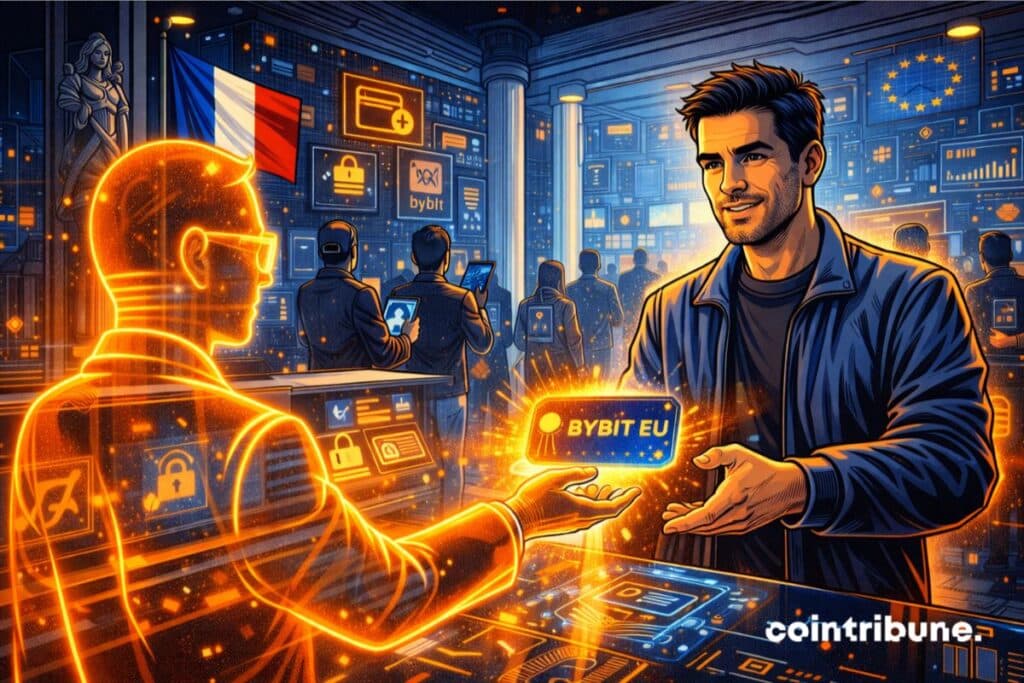 Illustration de Bybit EU en France montrant un investisseur recevant une carte crypto dans un environnement réglementé européen