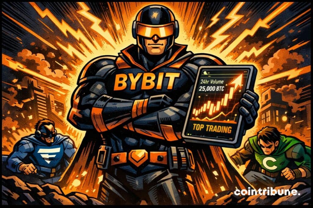 Super-héros Bybit tenant une tablette affichant un graphique haussier et un volume de trading élevé sur le marché crypto.
