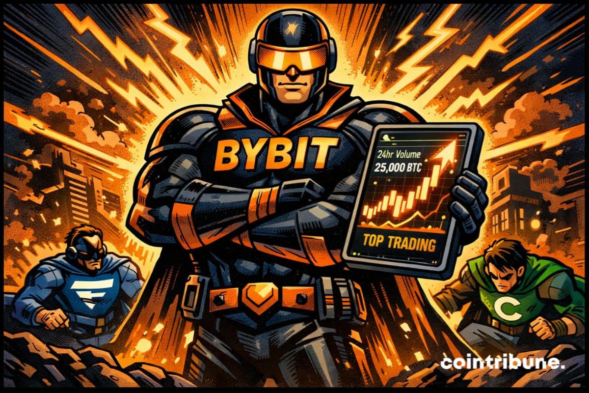 Super-héros Bybit tenant une tablette affichant un graphique haussier et un volume de trading élevé sur le marché crypto.