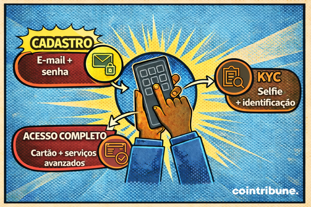Ilustração mostrando o processo de cadastro na Bybit: registro com e-mail e senha, verificação KYC com selfie e identificação, e acesso completo ao cartão e serviços avançados pelo aplicativo.