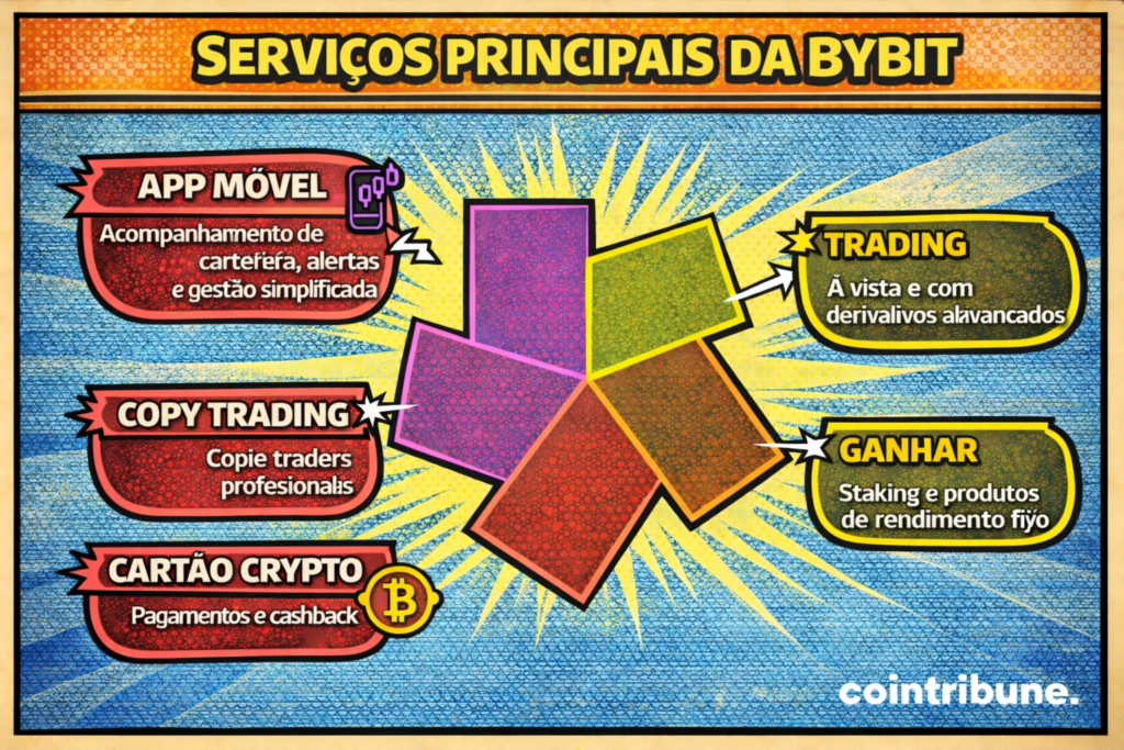 Infográfico apresentando os principais serviços da Bybit, incluindo app móvel, trading spot e alavancado, staking e produtos de rendimento, copy trading e cartão cripto com cashback.