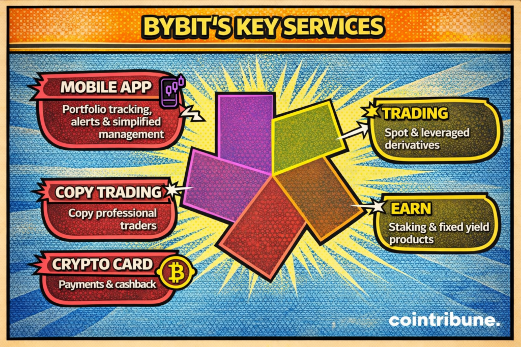 Bybit's main services with spot and margin trading, Earn, copy trading, crypto card with cashback, and full mobile app.