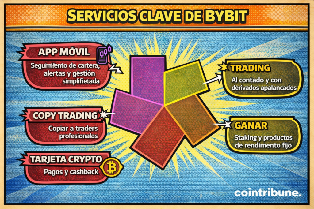 Infografía presentando los principales servicios de Bybit con trading spot y margin, Earn, copy trading, tarjeta crypto con cashback y aplicación móvil completa.