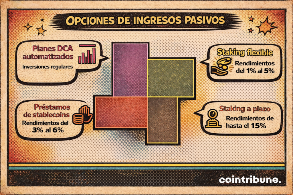 Opciones de ingresos pasivos en Bybit con planes DCA automatizados, prestamos de stablecoins (3 % a 6 %), staking flexible (1 % a 5 %) y staking a plazo hasta 15 %