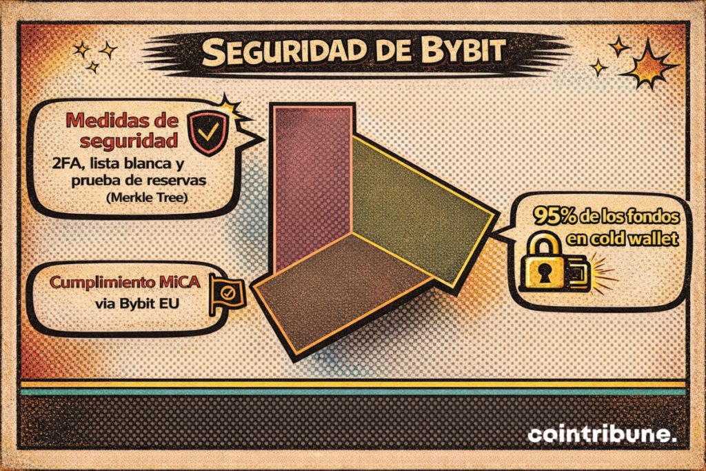 Medidas de seguridad de Bybit con 2FA, lista blanca, prueba de reservas (Merkle Tree), conformidad MiCA via Bybit EU y 95 % de los fondos almacenados en cold wallet