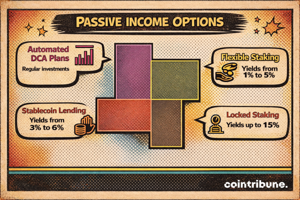 Bybit passive income options including automated DCA plans, stablecoin lending (3% to 6%), flexible staking (1% to 5%), and fixed staking up to 15%