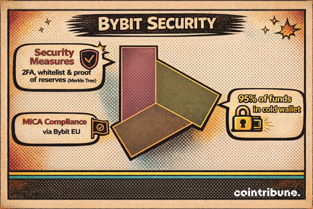 Bybit security measures including 2FA, whitelist, proof of reserves (Merkle Tree), MiCA compliance via Bybit EU, and 95% of funds stored in cold wallets