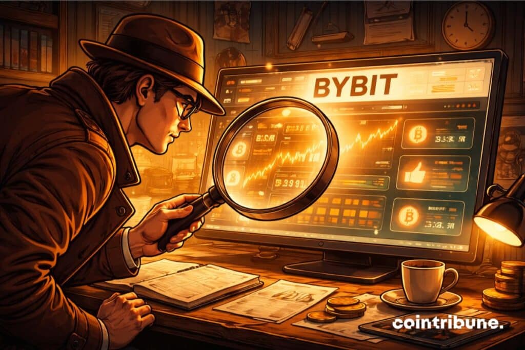 Illustration représentant une analyse détaillée de la plateforme crypto Bybit. L’image montre un investisseur examinant les graphiques de trading et les indicateurs de performance à l’écran.