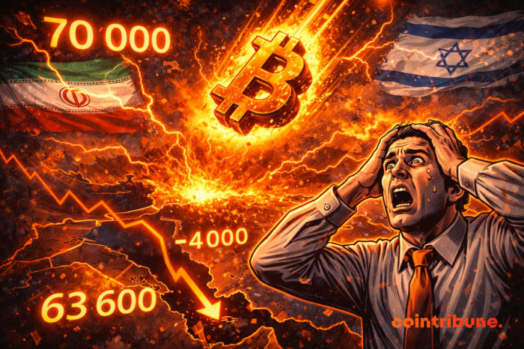 Bitcoin em alta cai para o mapa do Oriente Médio, bandeiras iraniana e israelense se enfrentam, trader em pânico, números de 70.000 a 63.600 despencam.