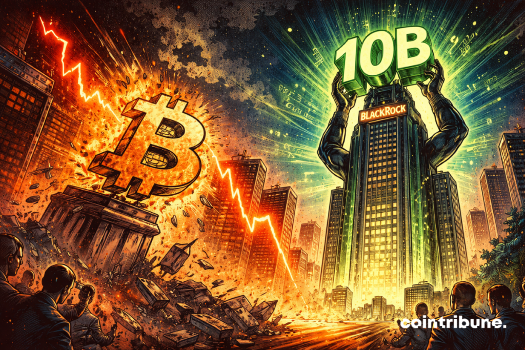 BlackRock emerges as a stronghold, with floating figures of “10B,” while Bitcoin disintegrates under pressure.