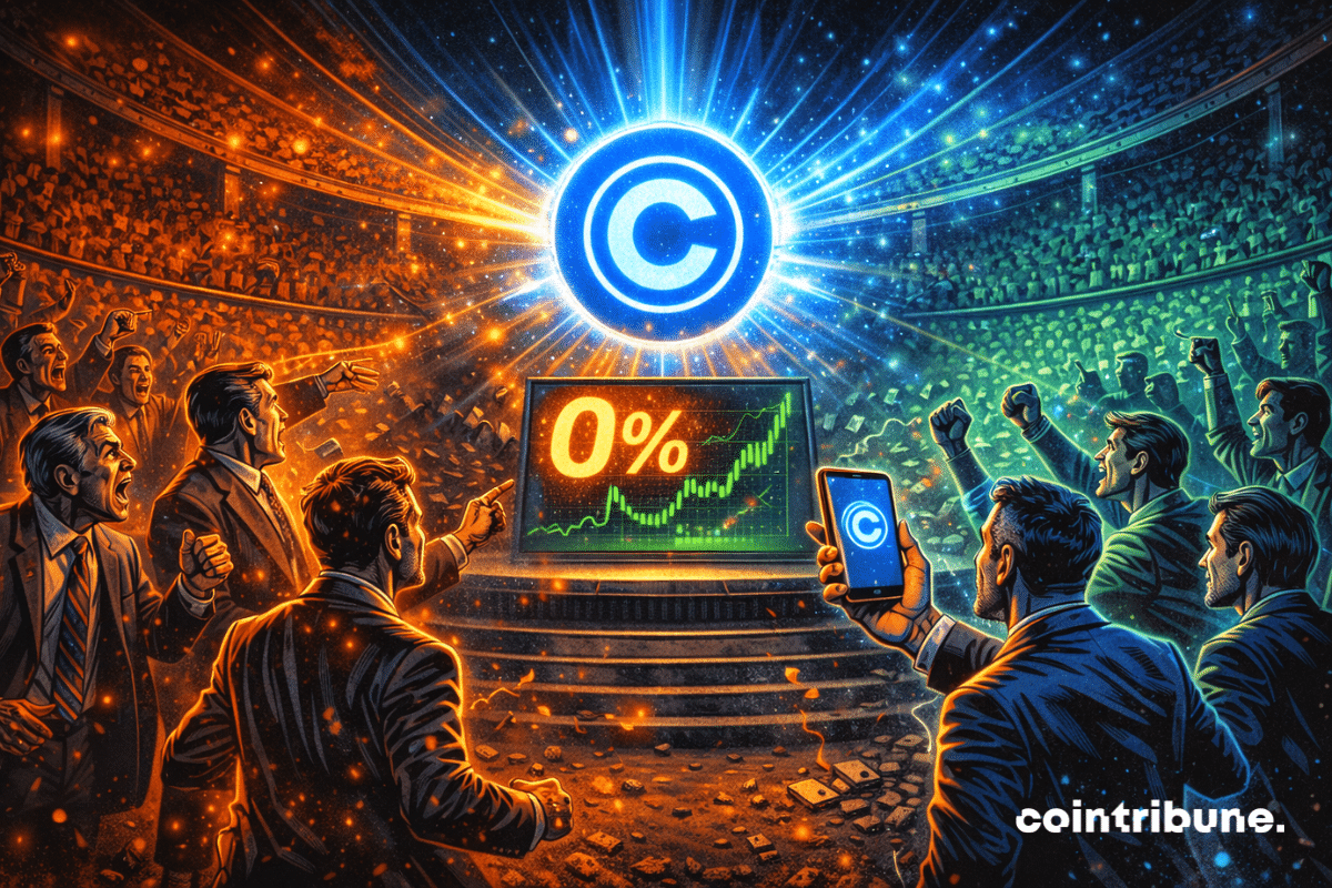 Arène financière en ébullition, courtiers furieux affrontent traders exaltés, logo lumineux domine écran 0 %, symbole d’une nouvelle ère.