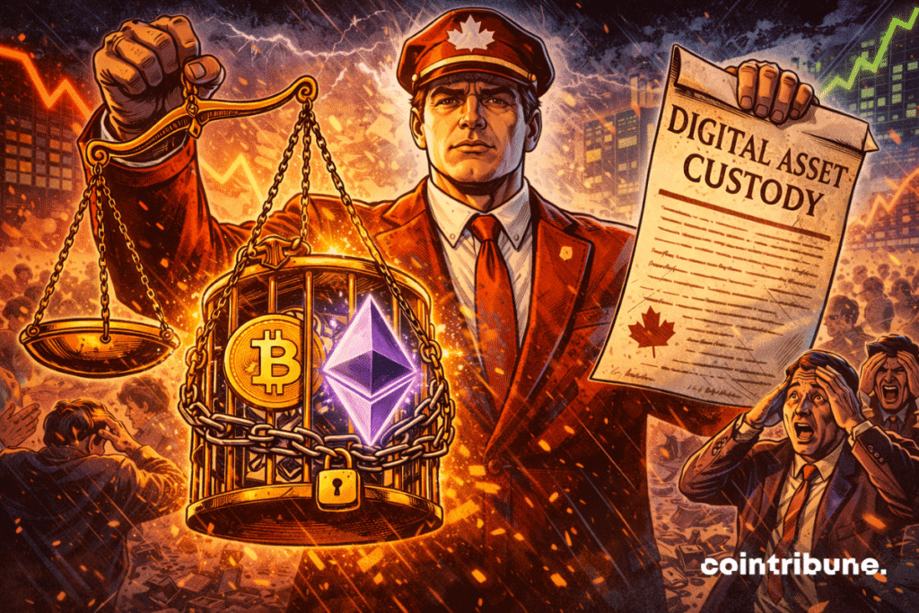 Canada imposes its crypto law, with digital assets locked up under chains and a scale of justice.